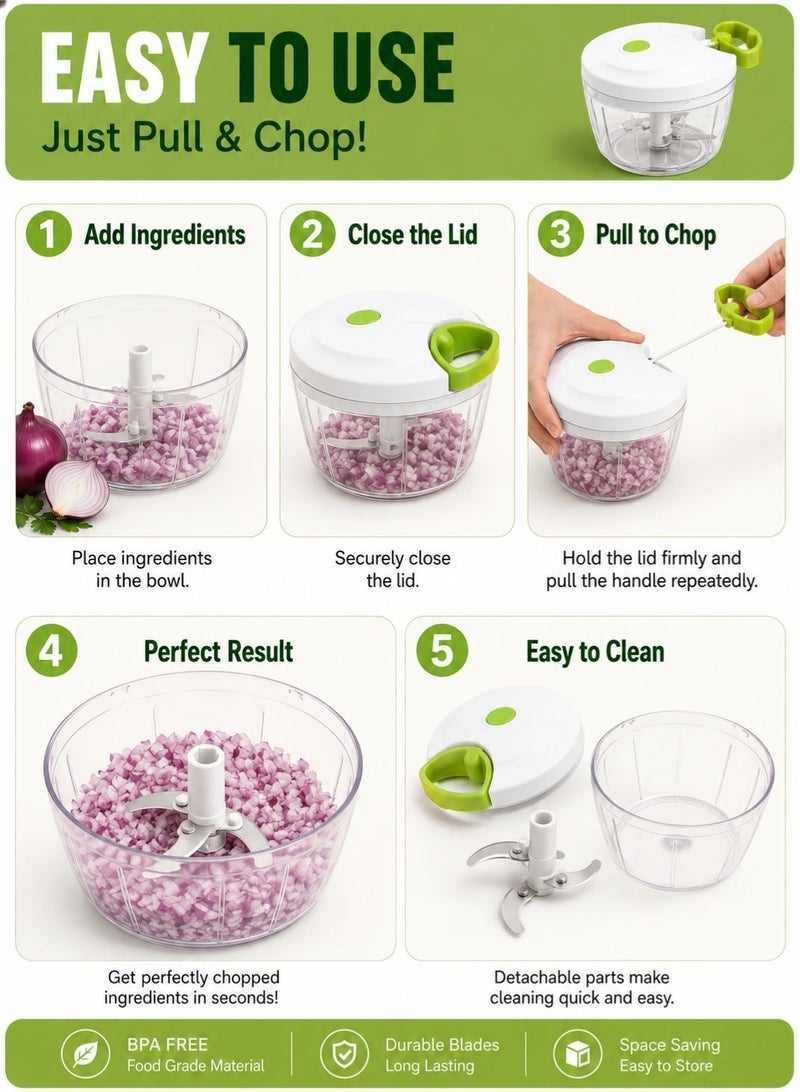 Leoxol Manual Food Chopper 500ml | Heavy Duty Hand Pull Vegetable Chopper | 3 Blade Kitchen Cutter | Onion Garlic Meat Nut Chopper - Image 5