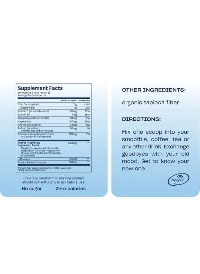 RECESS Mood Powder, Calming Magnesium L-Threonate Blend with Passion Flower, L-Theanine, Electrolytes, Magnesium Calm Support Powder Supplement - Unflavored-Pack of 10 - Image 2