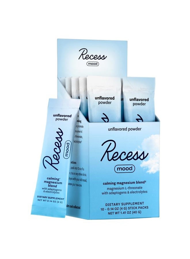 RECESS Mood Powder, Calming Magnesium L-Threonate Blend with Passion Flower, L-Theanine, Electrolytes, Magnesium Calm Support Powder Supplement - Unflavored-Pack of 10 - Image 1