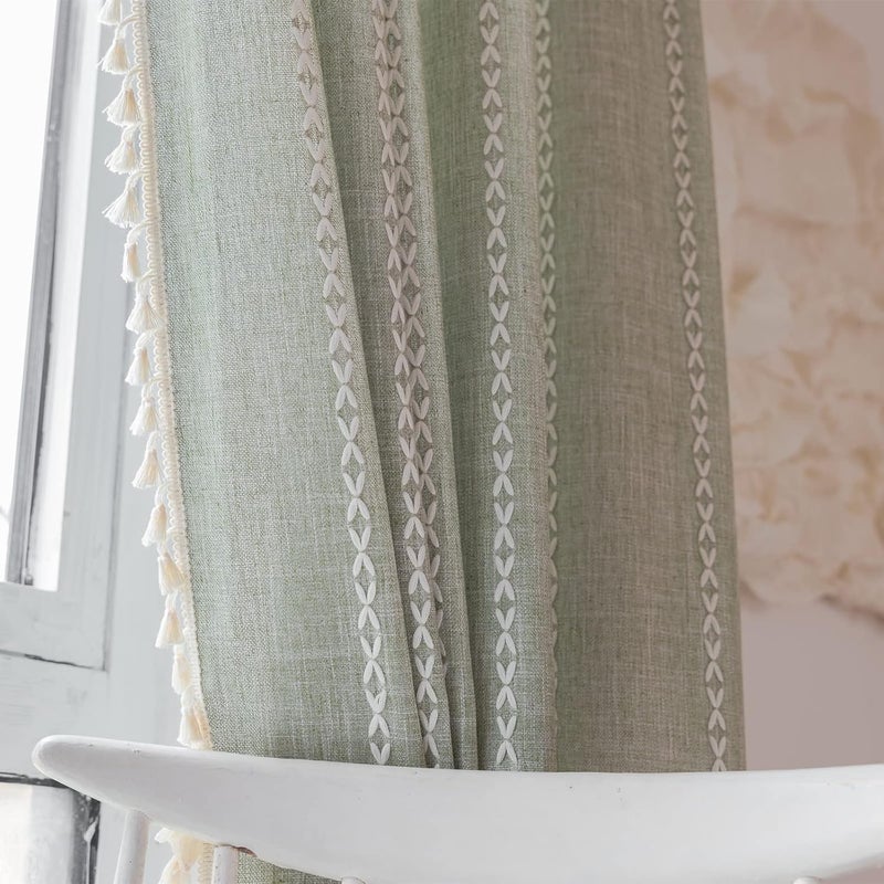 RoomTalks Green Modern Farmhouse Textured Curtains for Bedroom Living Room 72’’L x 52’’W Light Filtering French Country Boho Chic Tassel Window Curtain Panels Striped Bohemian Draperies - Image 4