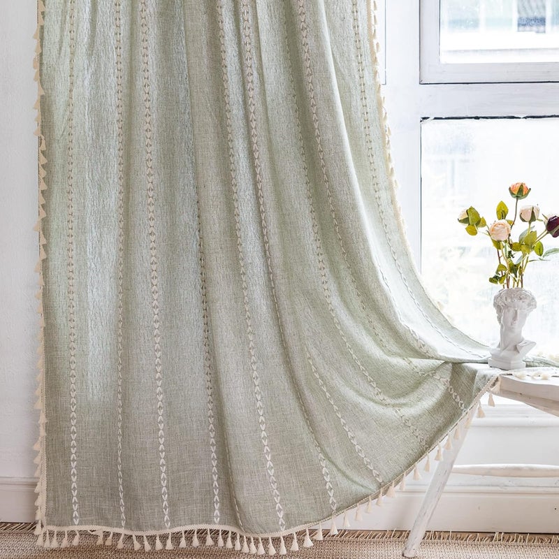 RoomTalks Green Modern Farmhouse Textured Curtains for Bedroom Living Room 72’’L x 52’’W Light Filtering French Country Boho Chic Tassel Window Curtain Panels Striped Bohemian Draperies - Image 1