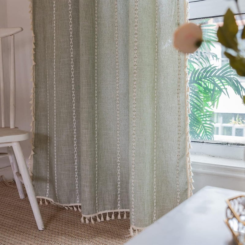 RoomTalks Green Modern Farmhouse Textured Curtains for Bedroom Living Room 72’’L x 52’’W Light Filtering French Country Boho Chic Tassel Window Curtain Panels Striped Bohemian Draperies - Image 5
