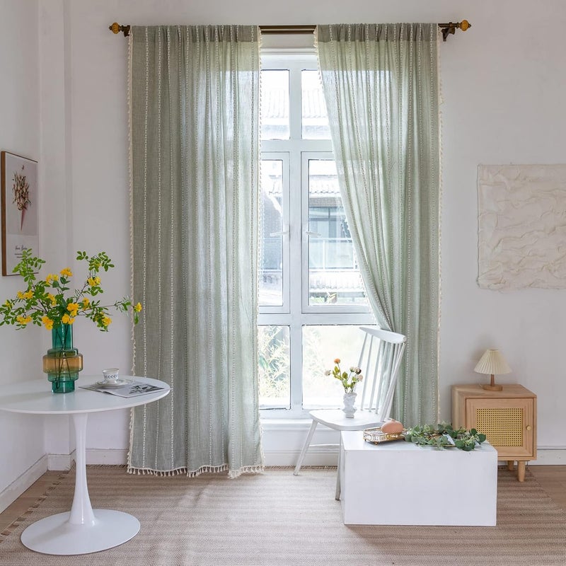 RoomTalks Green Modern Farmhouse Textured Curtains for Bedroom Living Room 72’’L x 52’’W Light Filtering French Country Boho Chic Tassel Window Curtain Panels Striped Bohemian Draperies - Image 2
