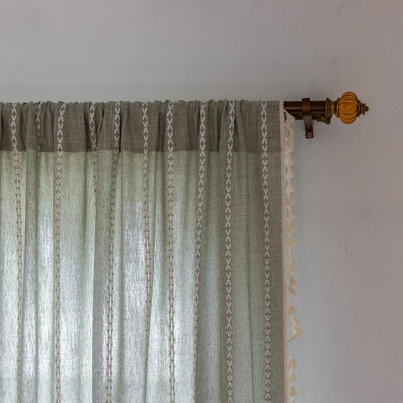 RoomTalks Green Modern Farmhouse Textured Curtains for Bedroom Living Room 72’’L x 52’’W Light Filtering French Country Boho Chic Tassel Window Curtain Panels Striped Bohemian Draperies - Image 3