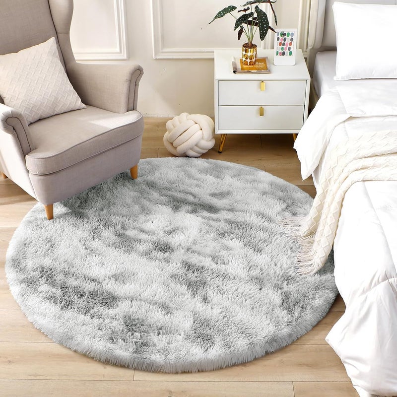 HZYH Round Rug 4ft for Playroom, Ultra Soft Fluffy Circle Carpet for Kids Bedroom, Shaggy Tie Dye Light Grey Rug with 0.4 Inch Thick Non Slip  Backing - Image 1