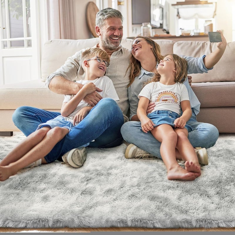 HZYH Round Rug 4ft for Playroom, Ultra Soft Fluffy Circle Carpet for Kids Bedroom, Shaggy Tie Dye Light Grey Rug with 0.4 Inch Thick Non Slip  Backing - Image 3
