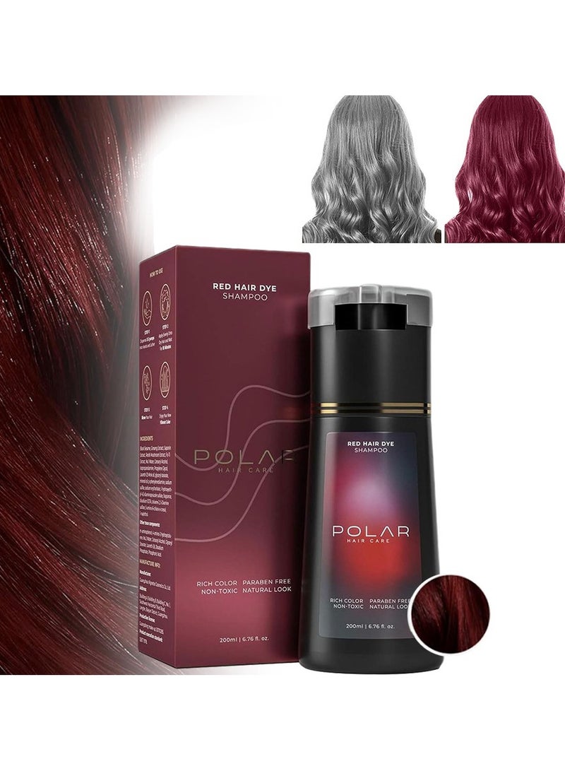 POLAR Hair Dye Shampoo, Natural Hair Color Shampoo For Gray Hair Coverage, Haircare Suitable For Women & Men 200ml (Red) - Image 1