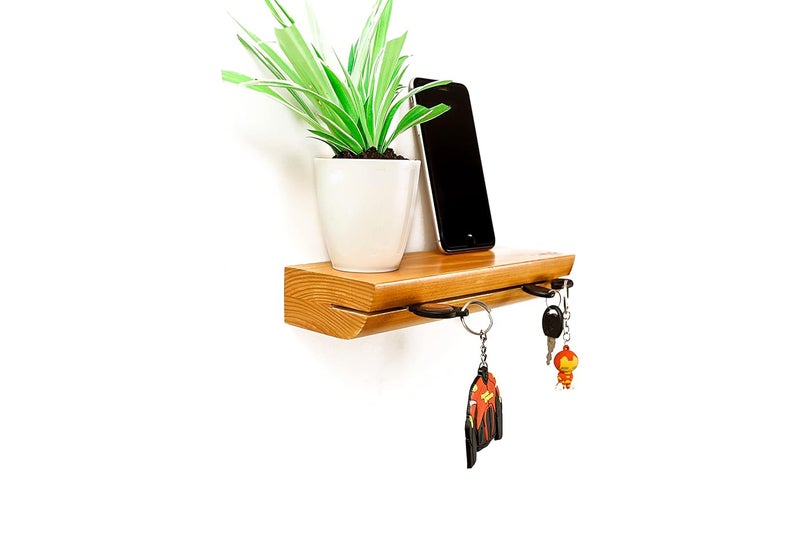 Crafty Co - Think Creative Crafty Co Floating Wooden Key Holder for Home Stylish Office Decor with Unique Shelf for Plants Wallet Phone Charging Or Decorative Stuff 255x970x450 Cm - Image 1