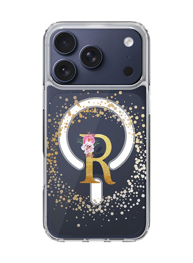 Stylizedd Classic Clear MagSafe Case for iPhone 17 Pro , Hybrid Soft Case Flexible Edges Anti Drop TPU PC Gel Thin Transparent Cover [ Designed for iPhone 17 Pro ] - Custom Monogram Initial Letter Floral Pattern Alphabet - R  (Clear )