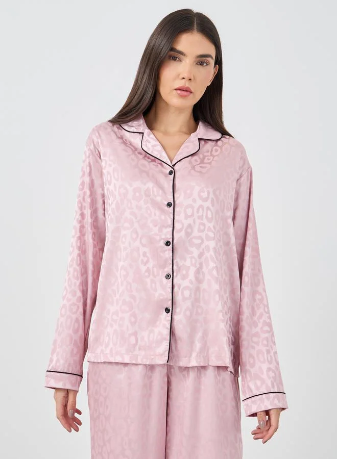 Styli Styli Satin Jacquard Animal Print Piped Detail Shirt and Pyjama Set