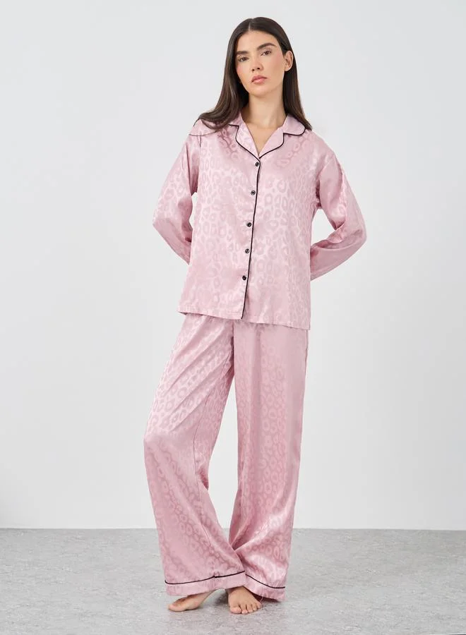 Styli Styli Satin Jacquard Animal Print Piped Detail Shirt and Pyjama Set