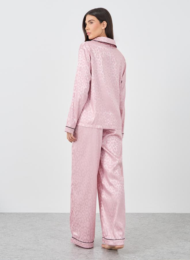 Styli Satin Jacquard Animal Print Piped Detail Shirt and Pyjama Set - Image 4