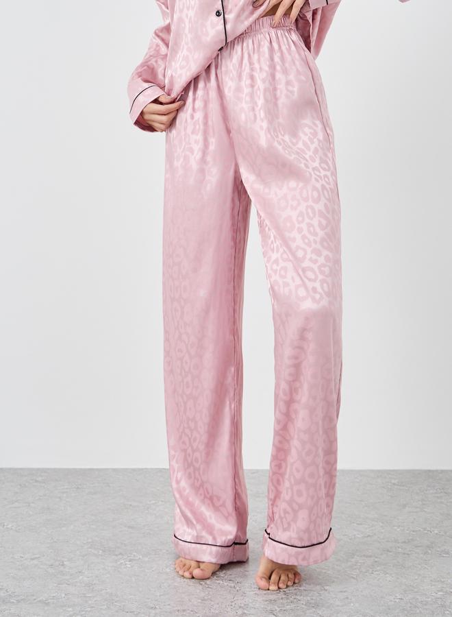 Styli Satin Jacquard Animal Print Piped Detail Shirt and Pyjama Set - Image 5