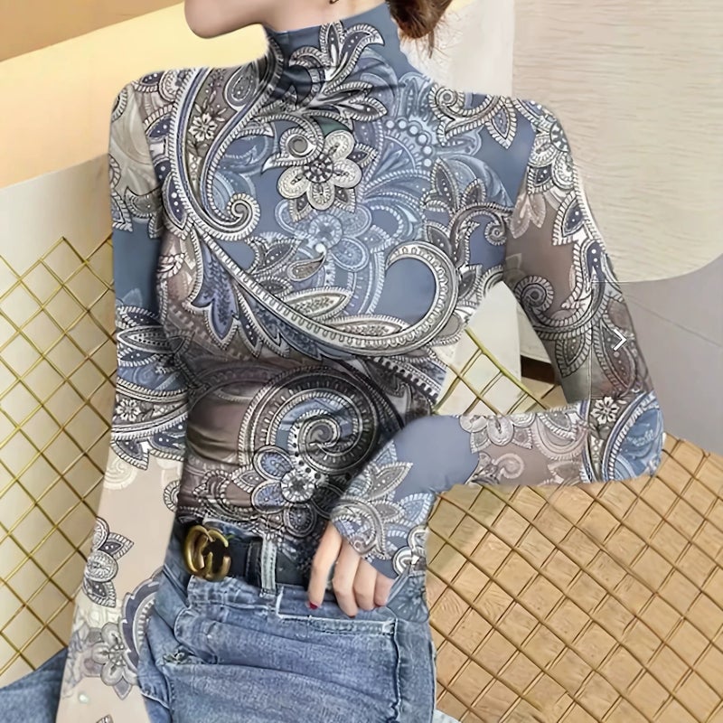 Women's Paisley Print Slim Fit High Neck Long Sleeve T-Shirt - Image 1