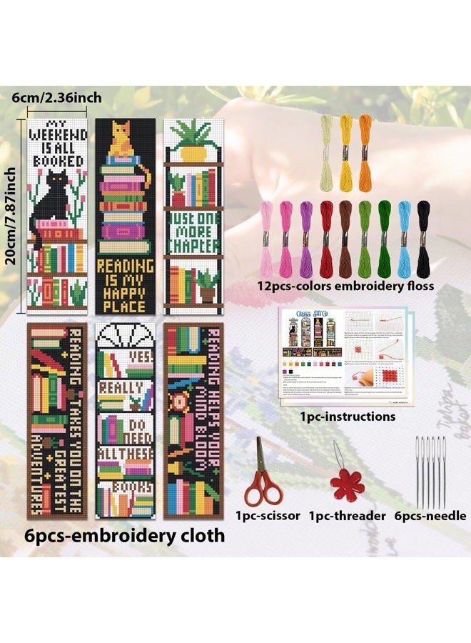 ACRNIGHEET 6PCS Cross Stitch Bookmark Kits Bookshelves Words Pattern Counted Cross Stitch Kits for Beginners Adults DIY Stamped Embroidery Bookmarks with Instructions Hand Embroidery Craft Gift - Image 2