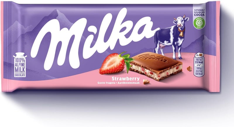 Milka لوح شوكولاتة ميلكا بالفراولة - 100 جرام من شوكولاتة الحليب الألبية اللذيذة بحشوة الفراولة - Image 1