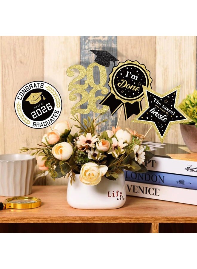 kockuu Glitter Black Gold Graduation Decorations for Class of 2026-30pcs Black Gold Double Sided Graduation Table Centerpieces Sticks with LED String Lights for College High School Grad Party Decor - Image 2