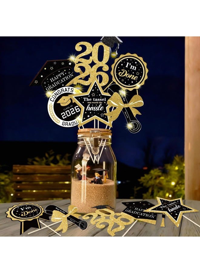 kockuu Glitter Black Gold Graduation Decorations for Class of 2026-30pcs Black Gold Double Sided Graduation Table Centerpieces Sticks with LED String Lights for College High School Grad Party Decor - Image 1