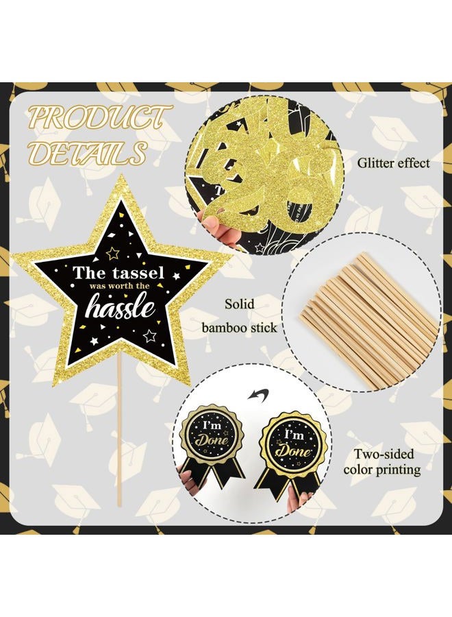 kockuu Glitter Black Gold Graduation Decorations for Class of 2026-30pcs Black Gold Double Sided Graduation Table Centerpieces Sticks with LED String Lights for College High School Grad Party Decor - Image 5