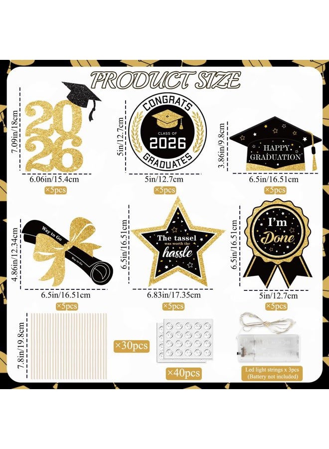 kockuu Glitter Black Gold Graduation Decorations for Class of 2026-30pcs Black Gold Double Sided Graduation Table Centerpieces Sticks with LED String Lights for College High School Grad Party Decor - Image 3