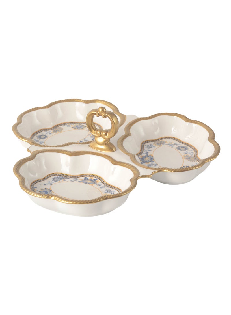 Life Smile LIFE SMILE Three Section Serving Dish with Center Handle - Large White Bone China Tray for Desserts, Cakes, Salads & Appetizers with Gold Trim - Image 1