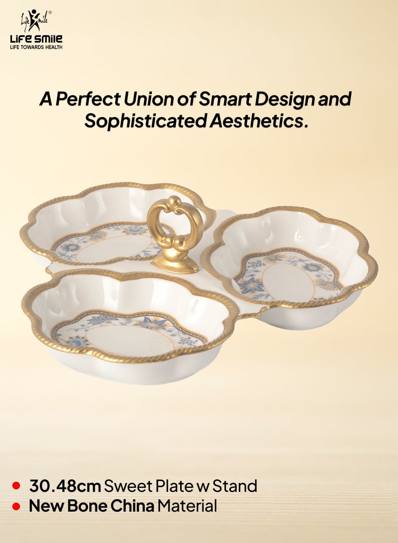 Life Smile LIFE SMILE Three Section Serving Dish with Center Handle - Large White Bone China Tray for Desserts, Cakes, Salads & Appetizers with Gold Trim - Image 2
