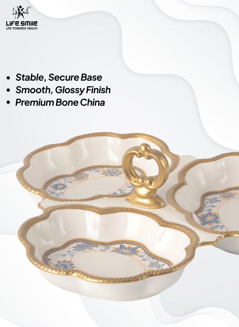 Life Smile LIFE SMILE Three Section Serving Dish with Center Handle - Large White Bone China Tray for Desserts, Cakes, Salads & Appetizers with Gold Trim - Image 4
