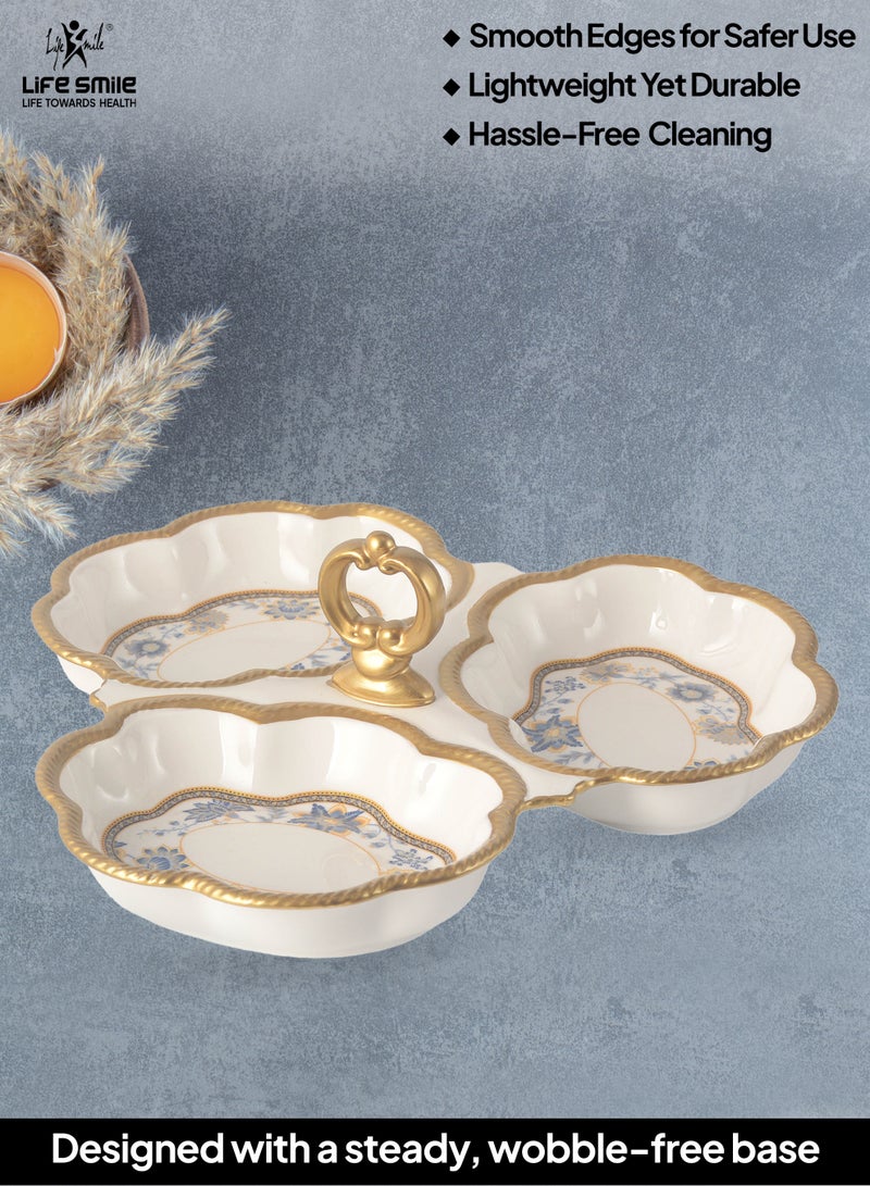 Life Smile LIFE SMILE Three Section Serving Dish with Center Handle - Large White Bone China Tray for Desserts, Cakes, Salads & Appetizers with Gold Trim - Image 5
