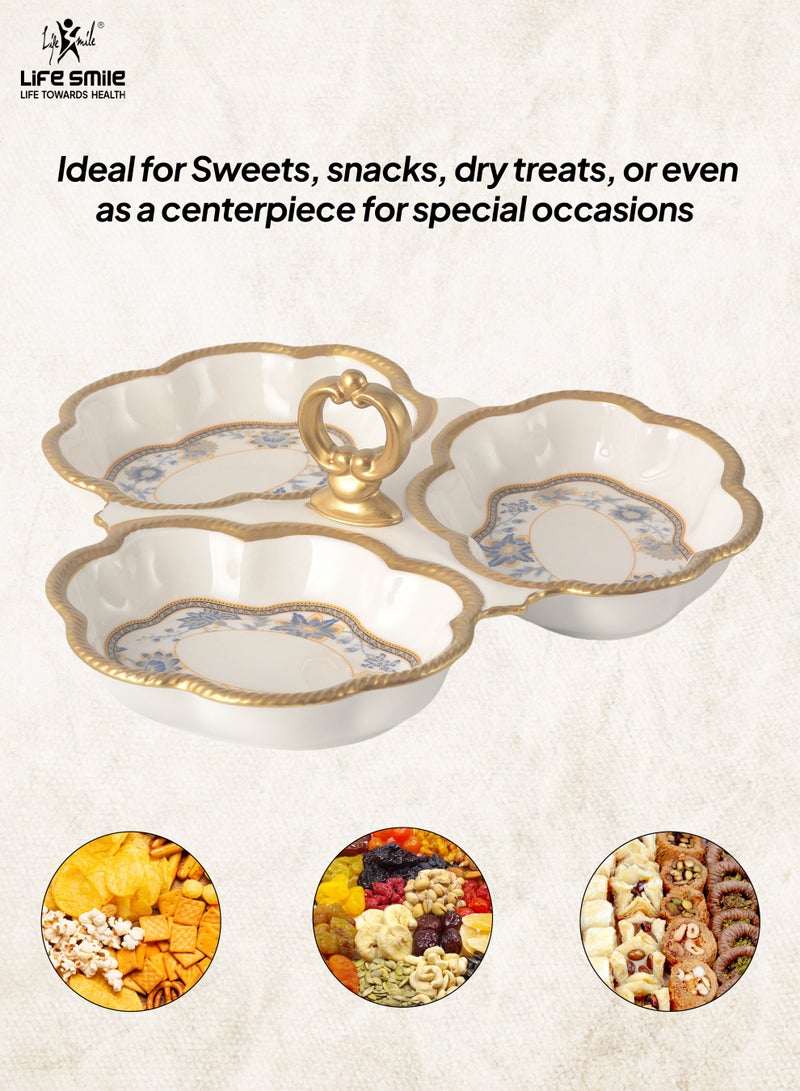 Life Smile LIFE SMILE Three Section Serving Dish with Center Handle - Large White Bone China Tray for Desserts, Cakes, Salads & Appetizers with Gold Trim - Image 3