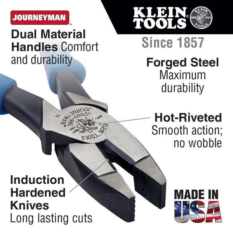 Klein Tools J213-9NE Side Cutter Linemans Pliers, Made in USA, High Leverage, 9-Inch, Streamlined Design, Color Coded - Image 2