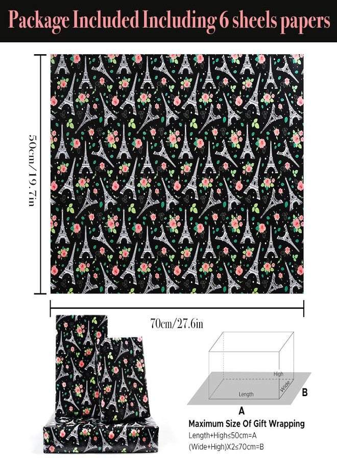 NEPOG Eiffel Tower Wrapping Paper, Black Paris Eiffel Tower Flower Gift Wrapping Paper for Women Men Boys, 6 Sheets Folded Flat 20x28 inches per Sheet for Wedding, Mother's Day, Birthday Party - Image 2