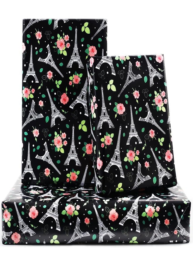 NEPOG Eiffel Tower Wrapping Paper, Black Paris Eiffel Tower Flower Gift Wrapping Paper for Women Men Boys, 6 Sheets Folded Flat 20x28 inches per Sheet for Wedding, Mother's Day, Birthday Party - Image 1