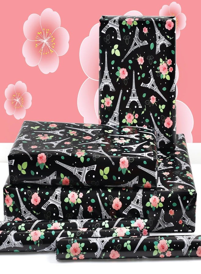 NEPOG Eiffel Tower Wrapping Paper, Black Paris Eiffel Tower Flower Gift Wrapping Paper for Women Men Boys, 6 Sheets Folded Flat 20x28 inches per Sheet for Wedding, Mother's Day, Birthday Party - Image 3