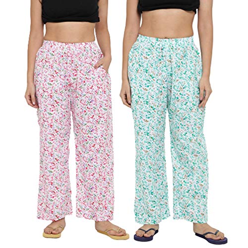 CIERGE Women's Cotton Casual Style Printed Pyjama/Track Pant Lower (Pink & Green; Free Size) Pack Of 2 Relaxed - Image 1
