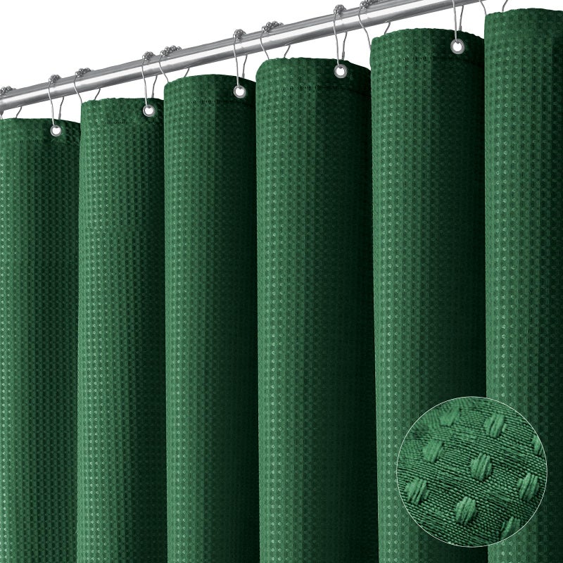 Dynamene Dark Green Fabric Shower Curtain Waffle Weave Textured Heavy Duty Cloth Shower Curtains for Bathroom 256GSM Hotel Luxury Weighted Bath Curtain Set with 12 Hooks72x72 Dark Green