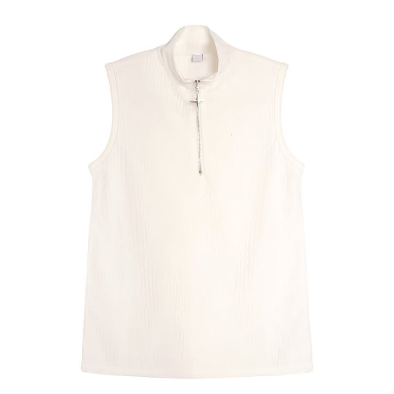 Fitness Sleeveless Collar Slimming Yoga Clothing Vest Front Zipper Tight Sports Top Running T-shirt Thin White 