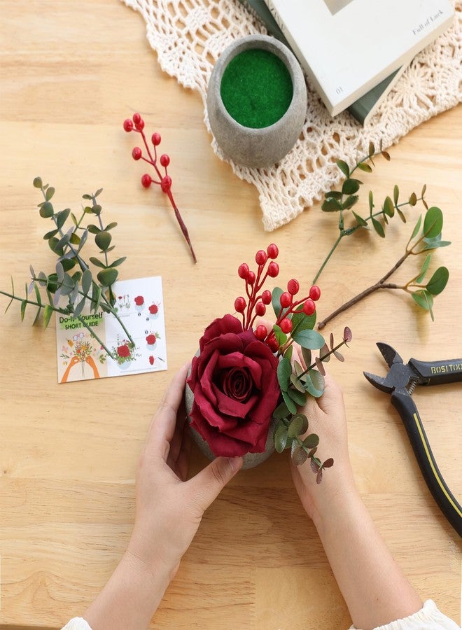 mizii DIY Small Artificial Flowers Potted Kit Fake Flower Realistic Silk Rose and Greenery with Vase for Gifts Table Centerpiece Mantle Office Desk Shelves Living Room Decorations (Burgundy) - Image 2