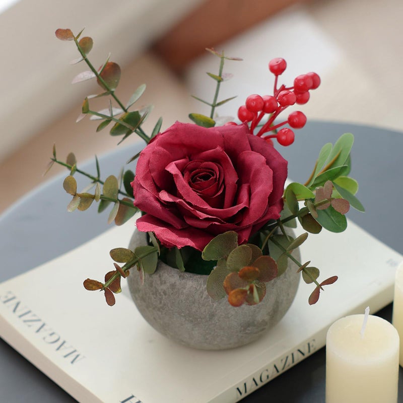 mizii DIY Small Artificial Flowers Potted Kit Fake Flower Realistic Silk Rose and Greenery with Vase for Gifts Table Centerpiece Mantle Office Desk Shelves Living Room Decorations (Burgundy) - Image 1