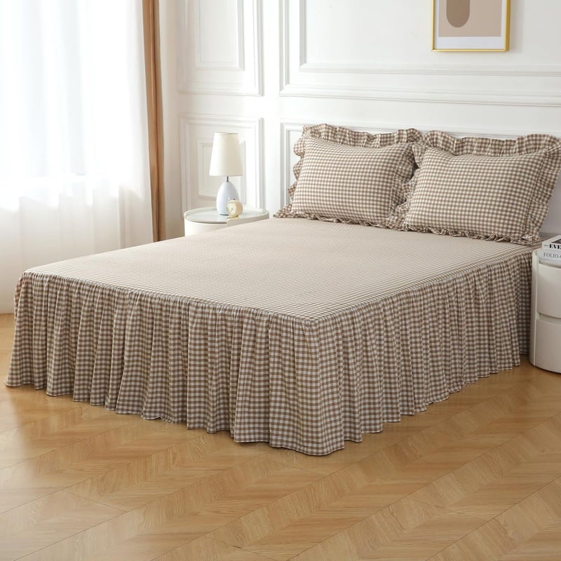 Silnuo Taupe/White Plaid Bed Skirt Washed Cotton Vintage Gingham Checkered Dust Ruffle Queen Size 14" Bedding - Image 1