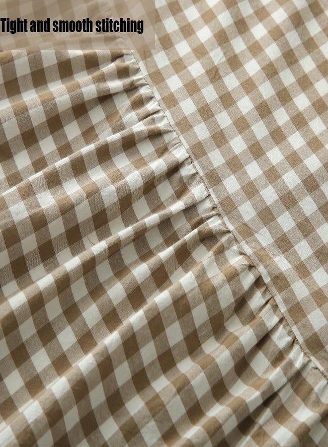 Silnuo Taupe/White Plaid Bed Skirt Washed Cotton Vintage Gingham Checkered Dust Ruffle Queen Size 14" Bedding - Image 3