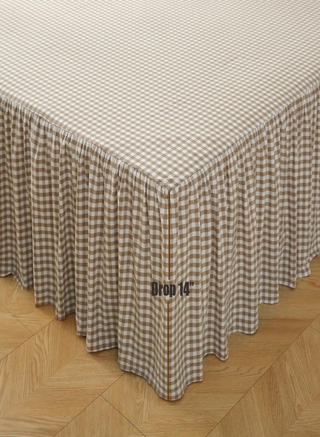 Silnuo Taupe/White Plaid Bed Skirt Washed Cotton Vintage Gingham Checkered Dust Ruffle Queen Size 14" Bedding - Image 4