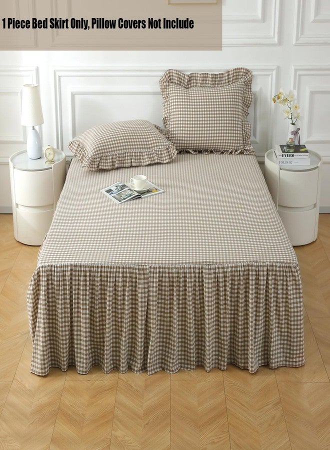 Silnuo Taupe/White Plaid Bed Skirt Washed Cotton Vintage Gingham Checkered Dust Ruffle Queen Size 14" Bedding - Image 2