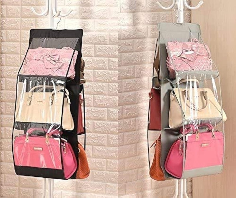 FEELING MALL FEELING MALL 6 Pockets Handbag Hanging Purse Storage Antidust Cover Large Clear Bag Holder Organizer Closet Rack Hangers Save Space Tote Bag Hanger Double Sides Wardrobe Closet  - Image 1