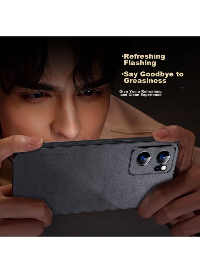 Shangsu Compatible With Oppo Reno 7 Phone Case, Oppo Reno 7 Protective Cover, Shockproof, Full Lens Protection, Soft Shell, Simple Luxury Lambskin Outer Case, For Women And Men, Leather Case, Black - Image 2