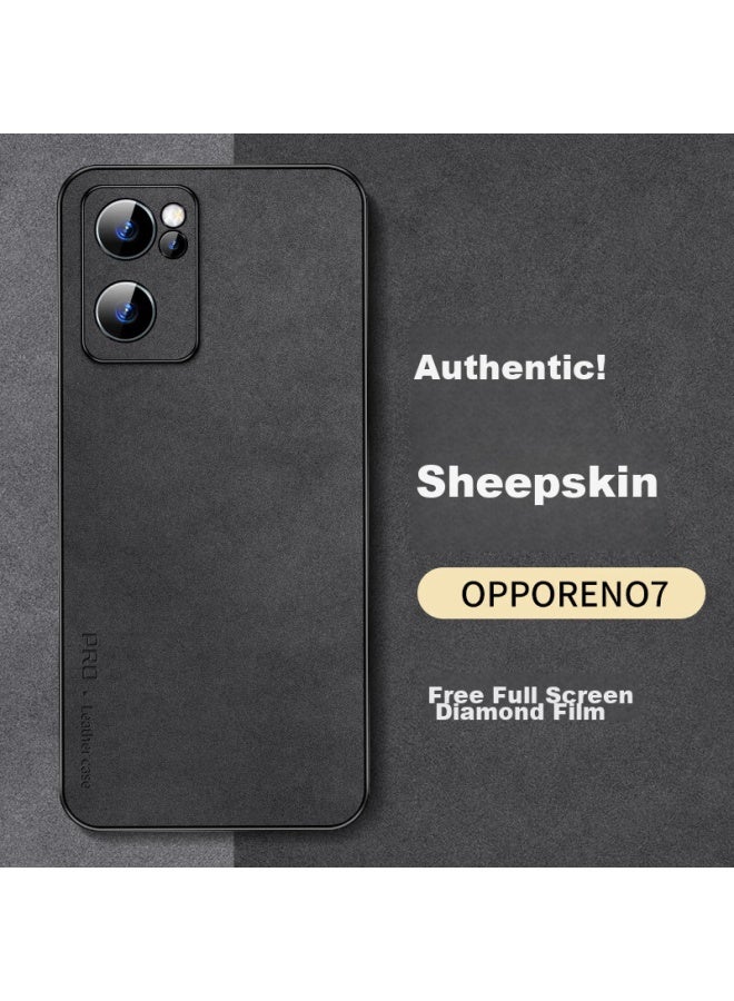 Shangsu Compatible With Oppo Reno 7 Phone Case, Oppo Reno 7 Protective Cover, Shockproof, Full Lens Protection, Soft Shell, Simple Luxury Lambskin Outer Case, For Women And Men, Leather Case, Black - Image 1