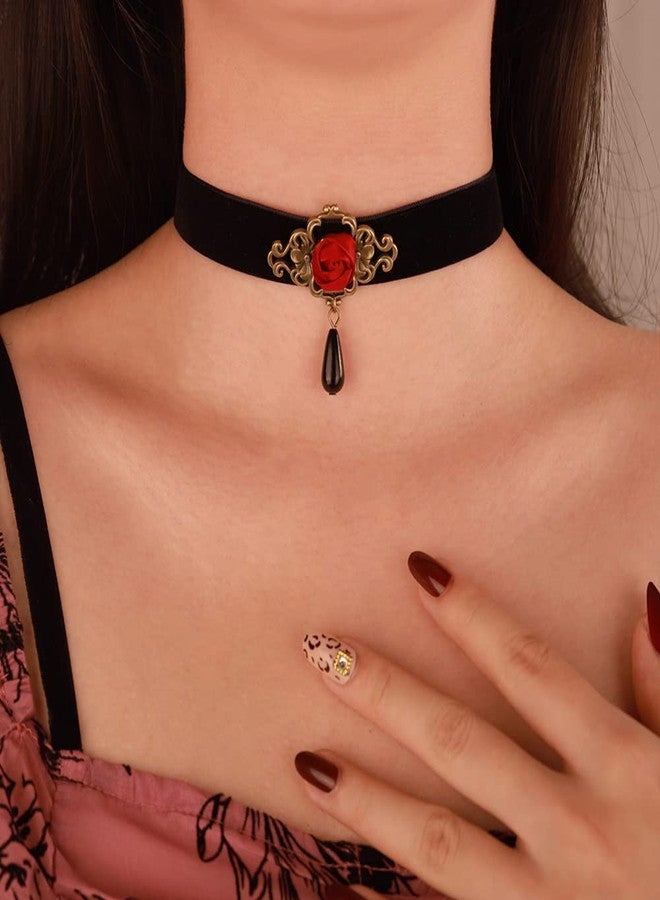 Wiwpar Gothic Vintage Victorian Choker Necklace Black Velvet Red Rose Flower Crystal Cameo Bead Pendant Witch Bride Vampire Accessories for Women Christmas Gift (Style3) - Image 2