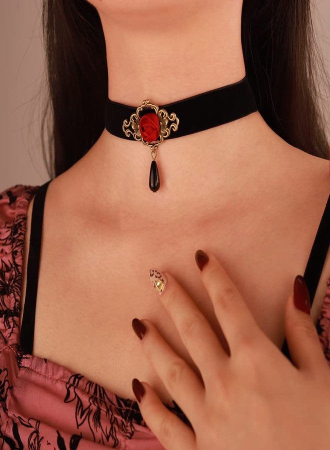 Wiwpar Gothic Vintage Victorian Choker Necklace Black Velvet Red Rose Flower Crystal Cameo Bead Pendant Witch Bride Vampire Accessories for Women Christmas Gift (Style3) - Image 4