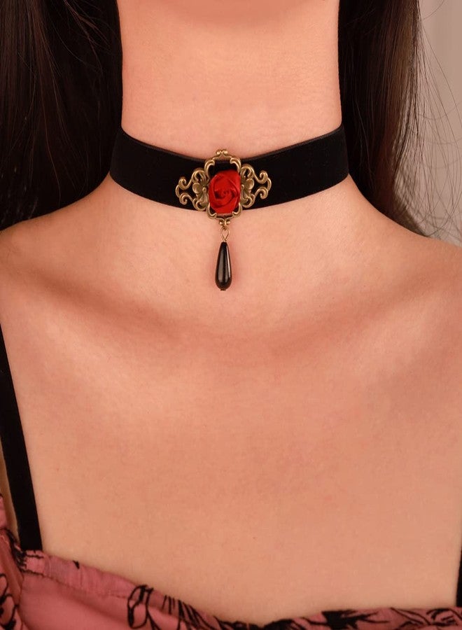 Wiwpar Gothic Vintage Victorian Choker Necklace Black Velvet Red Rose Flower Crystal Cameo Bead Pendant Witch Bride Vampire Accessories for Women Christmas Gift (Style3) - Image 3
