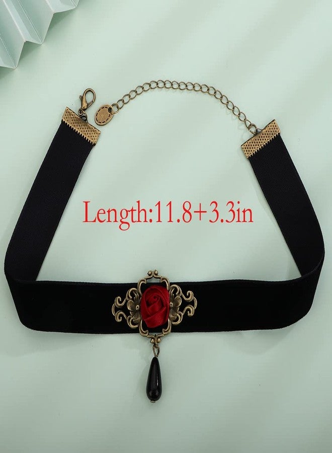 Wiwpar Gothic Vintage Victorian Choker Necklace Black Velvet Red Rose Flower Crystal Cameo Bead Pendant Witch Bride Vampire Accessories for Women Christmas Gift (Style3) - Image 5