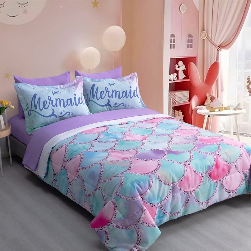 Wajade Kid Mermaid Scale Comforter Bedding Set Twin Size Colorful Rainbow 3D Fish Scale 7 Pieces Soft Bedding Sets with Comforter Sheet Pillowcase and Sham for Girls